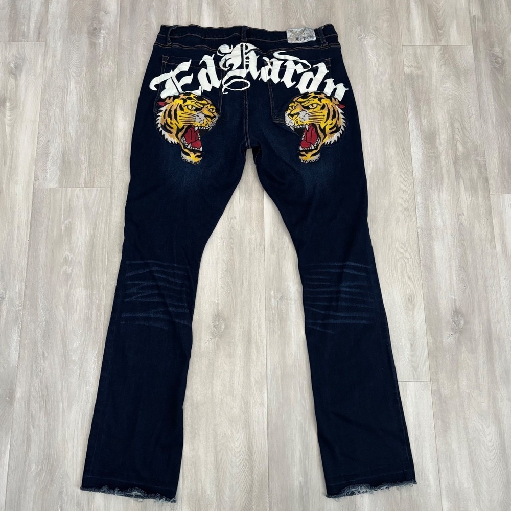 Ed Hardy Jeans Men's 40x35 Tiger Embroidered Dark Wash Denim Y2K Streetwear